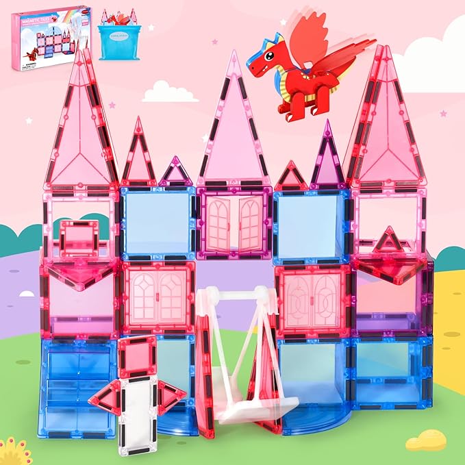 Magnetic Tiles for Kids Ages 4-8 with Dragon, 36-Piece Princess Castle Magnet Tiles for Girls, Movable Dragon Toys for 3+, Creative Magnetic Construction Building Set for Classroom, Xmas Birthday Gift