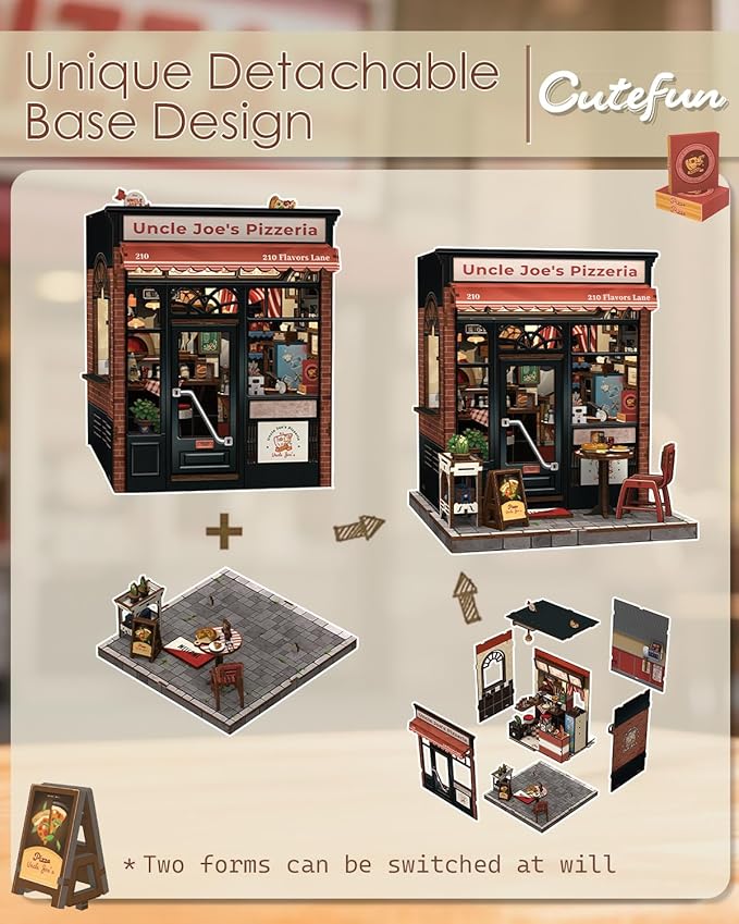 Cutefun Book Nook Kit - DIY Miniature Dollhouse Kit for Adults and Teens, Pizza Place Mini House Building Kit with LED Bookshelf Insert Decor Creative Gifts (Uncle Joe's Pizzeria)