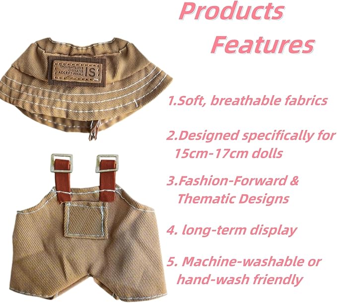 Doll Clothes for 17cm Figures,Adventure Style Fashion Brown Overalls Set with Bucket Hat