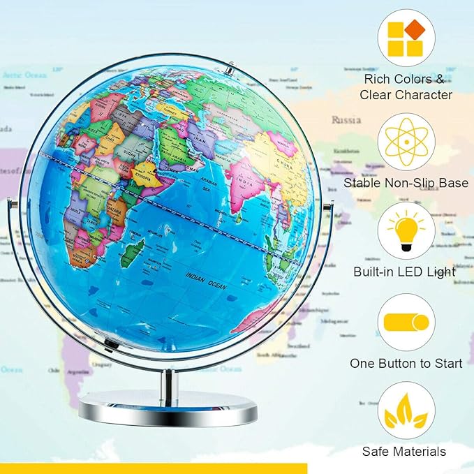 Goplus 13" Large World Globe with Stand, 720° Rotating Illuminated Globe with LED Lights, Metal Base, Desktop Educational Geographic Globe for Learning, Classroom, Office