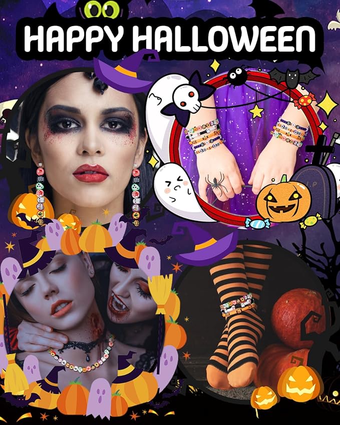 Taybonds Halloween Polymer Clay Beads 108pcs Spooky Designs Ghost Pumpkin Spider Polymer Clay Beads for Women Jewelry Making DIY Charms Bracelet Necklace