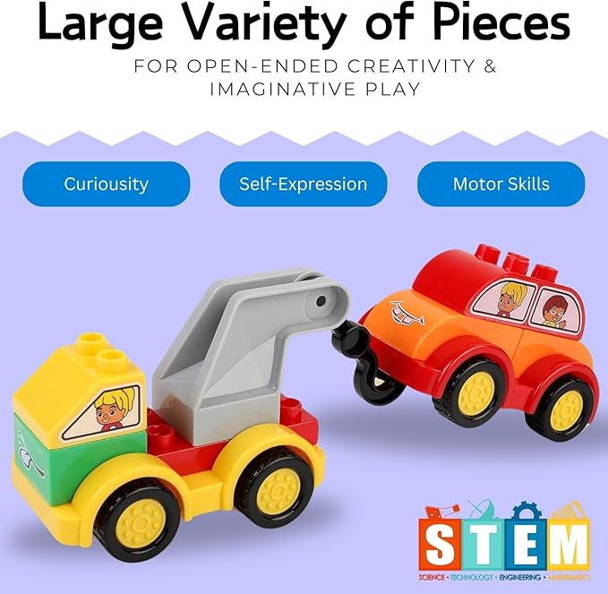 Liberty Imports 70 Pcs Toddlers Car Big Building Blocks Set, 12Pcs Different Vehicles, Kids Build Your Own Toy Cars, Compatible with Major Brands