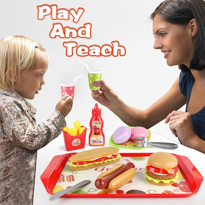 Fast Food Set - 59 PCS Kitchen Toy Set for Pretend Play, Kids Toddlers Play Accessories, Removable Food, Party Favor Christmas Stocking Stuffers
