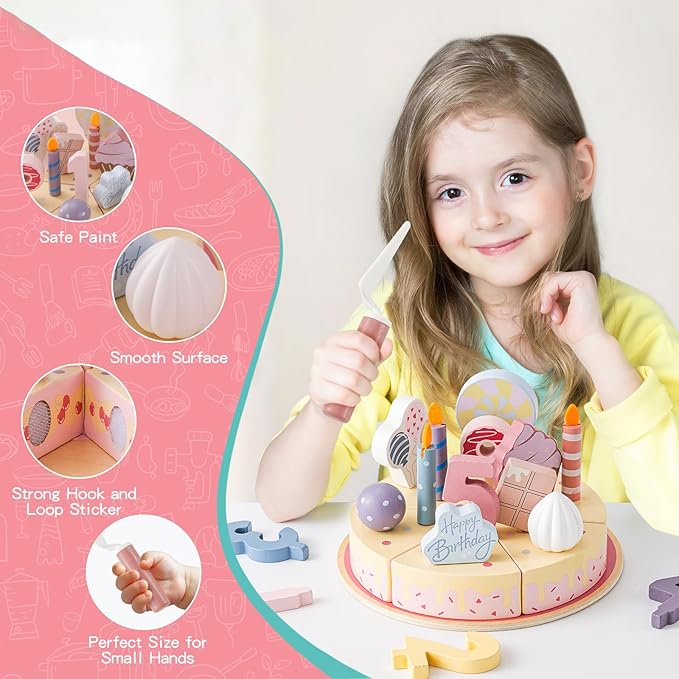 Birthday Party Cake Toys, Wooden Play Food Set for Kids Toddlers, Play Kitchen Toys for Boys Girls, Educational Toys