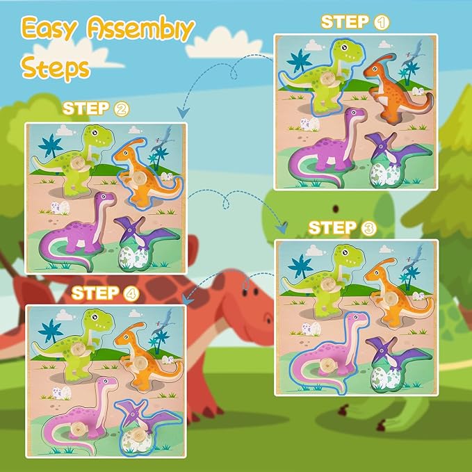 Wooden Toddler Puzzles - 4 Pcs Eco-Friendly Animal Patterns Jigsaw With Handles - Infant Kid Fine Motor Skill Learning Educational Montessori Toys for 1-3 Years Old