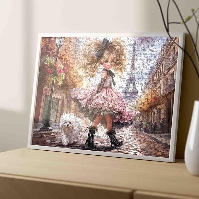 Tucocoo Paris Girl and Fluffy Dog Puzzle for Adults 1000 Piece, Art Puzzle with Eiffel Tower, Romantic Paris Street Scene Jigsaw, Challenging and Decorative Puzzle Gift, 27x20 Inch
