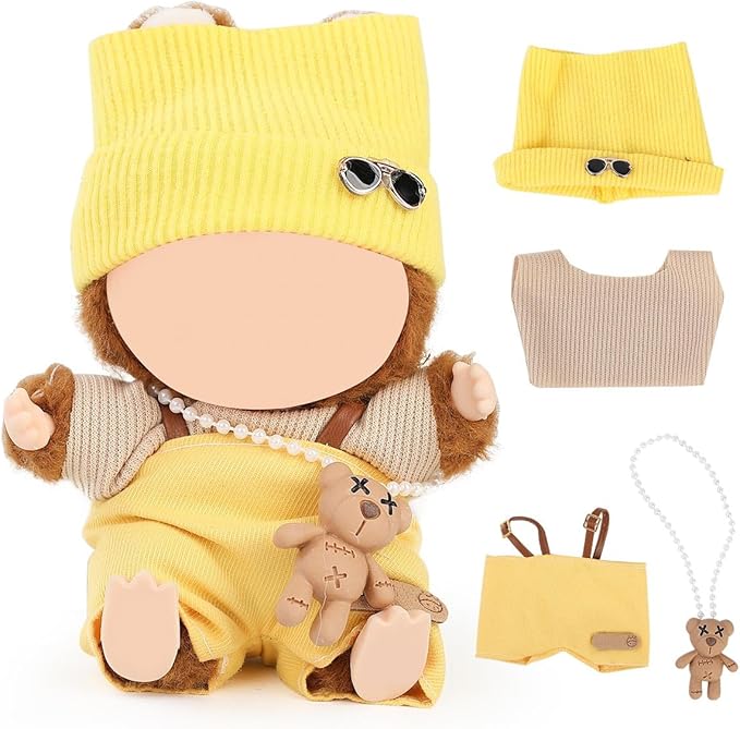 Doll Clothes for Labubu(NO Doll), for 17/15cm Plush Dolls, Clothing Suit Toy Figurine Outfit Set Dress Up with Kawaii Style Accessories, Multicolour Overall and Cute Hat or Headwear (LB101)