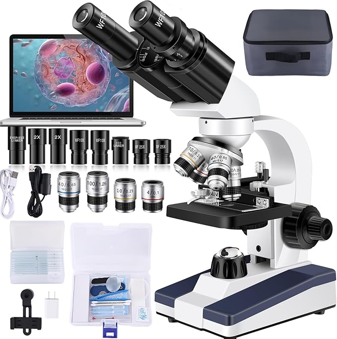 Microscope for Adults WF10x and WF25x Eyepieces, 40X-2500X Magnification, with HD USB Camera, Binocular Microscope for Lab Schools