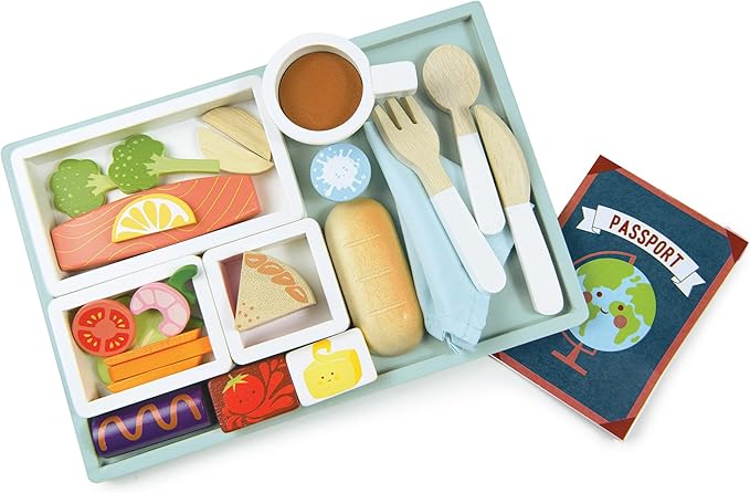 Tender Leaf Toys - Airline Meal Tray - Wood Pretend Play Food Set for Imaginary Travel - Includes 3-Course Plane Meal, Accessories and Passport - Encourages Imaginative Play, Language Skills - Age 3+