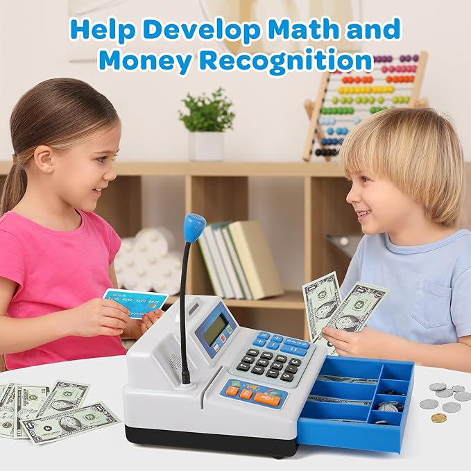 Calculator Cash Register - 103 Pcs Toy Cash Register, Store Set with Microphone, Credit Card and Banking for Kids, Early Math Skills Toys Gifts for 3, 4, 5, 6 7 8+ Years Old Boy Girl