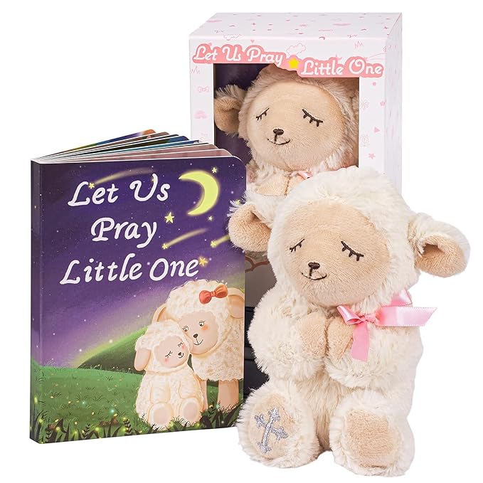 Baptism Gifts for Girl, Great Christening, Dedication and Baptism Gift Set for Girl and Newborn Baby, Includes 7" Praying Lamb Plush Toy and Let Us Pray Baby Book in Keepsake Gift Box