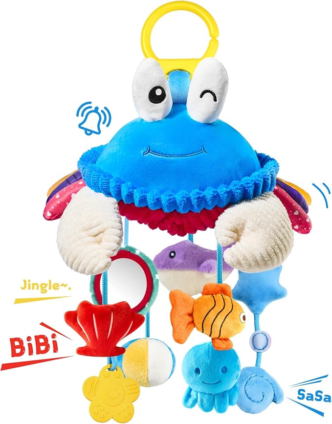 Car Seat Toys for Babies 0-6 Months, Hanging Baby Activity Toy for Stroller, Crib & Gym, Tummy Time Sensory Crab Plush Toys for Newborn, 0 3 6 9 12 M Clip-On Montessor Toy, Baby Boy Girl Gifts