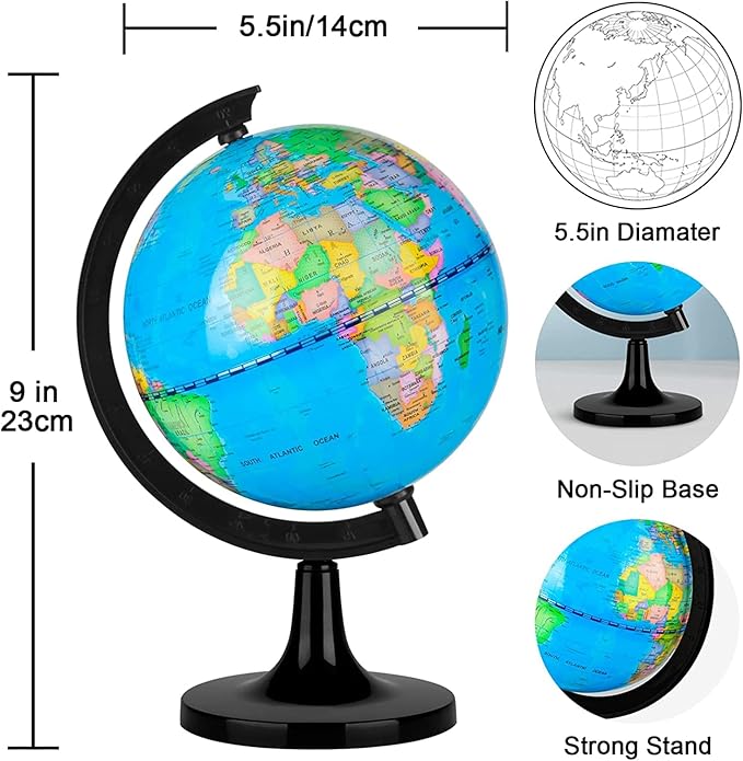 Wizdar 5.5" World Globe for Kids Learning, Educational Rotating World Map Globes Mini Size Decorative Earth Children Globe for Classroom Geography Teaching, Desk and Office Decoration-5.5 inch