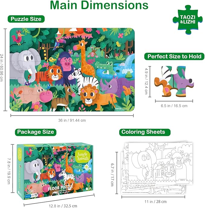 TAOZI&LIZHI Puzzles for Kids Ages 4-6, 6-8, Jungle Animals Toddler Puzzle Age 2-4, Jigsaw Floor Puzzles for Kids Ages 3-5, Puzzles Gifts Toys for Boys Girls Children (46 pcs, 2 x 3 feet)