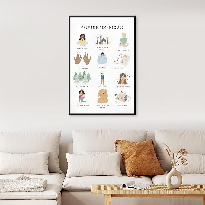 Feelings Calming Techniques Canvas Wall Art Calming Corner Classroom Mental health Posters Boho Emotions Chart for Kids Prints Special Education Wall Decor for Office School 20x30in BlackFramed