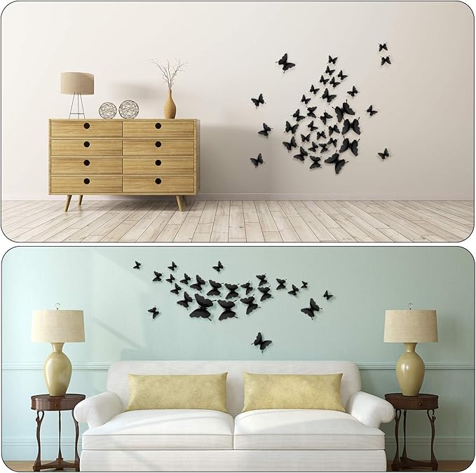 BBTO 48 Pieces Butterfly Wall Decor DIY Mirror 3D Butterfly Stickers Removable Decals for Home Bedroom School Bathroom Living Room Decor(Black)