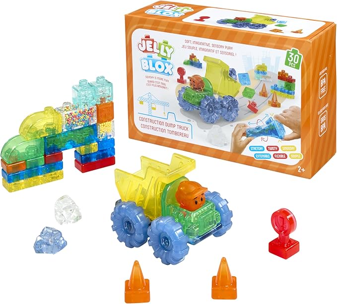 Jelly Blox Construction Dump Truck Set | Includes 30 Pieces | Toddler & Preschool Building Blocks Kids Can Squeeze, Stretch, Squish | Safety Tested & Ouch-Free | Tactile, Sensory Play Toy for Ages 2+
