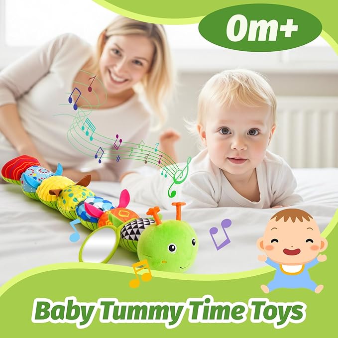 Baby Toys 0-6 Month, Musical Caterpillar Baby Rattle, Plush Sensory Toy with Mirror, Crinkle Textures, Newborn Developmental Tummy Time Stuffed Animal for Infants Boys Girls 6-12 Months (Green)
