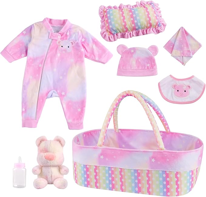 BABESIDE 8 Pcs Reborn Baby Doll Clothes with Bassinet for 17-22 Inch Babydolls, Reborn Baby Doll Accessories fit Newborn Dolls Girls, Colorful Baby Dolls Clothes