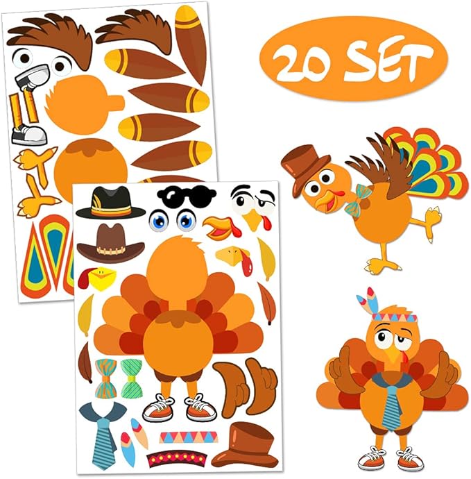 Make-A-Turkey Stickers Thanksgiving Party Games/Favors/Supplies for Kids Crafts - 20 Set