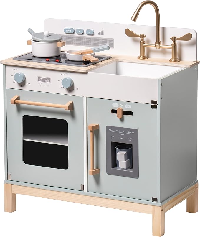 ROBOTIME Play Kitchen for Toddlers, Wooden Kids Kitchen Playset with Real Lights & Sounds/Ice Cube Dispenser, Pretend Play Montessori Toy, Gift for Ages 3+ (Blue)