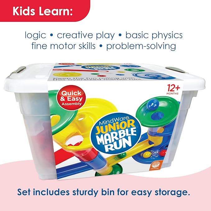 MindWare Junior Marble Run - My First Marble Run Set - Toddler Building Game - Marble Maze Toddler Building Toy Set with Oversized Marble Track Pieces and 5 Giant Marbles for Kids 12 Months and Up