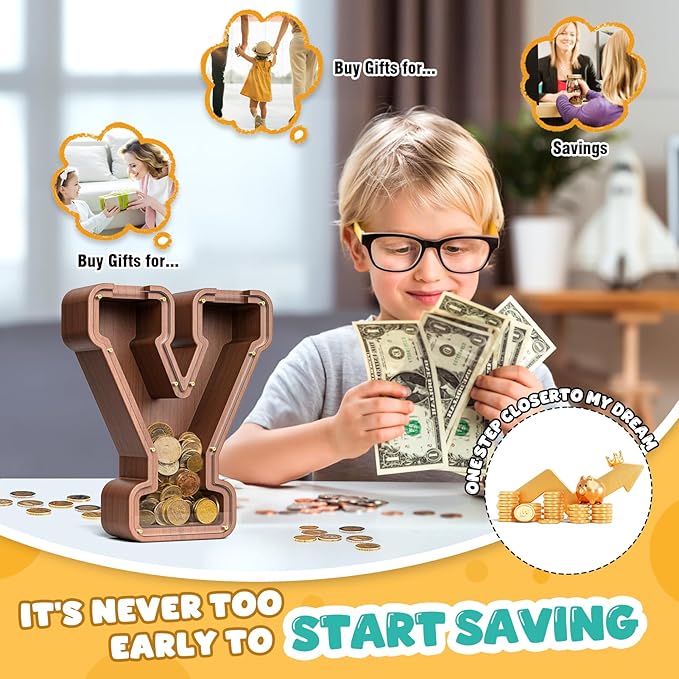 Summidate Wooden Letter Piggy Bank, Extra Thick Large Capacity Piggy Bank for Kids Boys Girls Toddler, Alphabet Y Money Bank| Coin Box Birthday, Christmas, Festival
