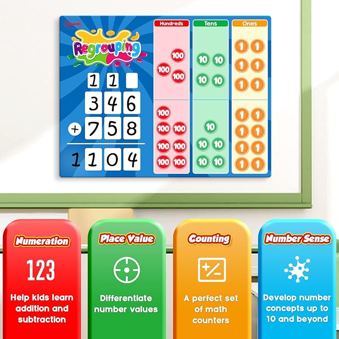 Aizweb Regrouping Base Ten Place Value,Addition and Subtraction Math Manipulatives,Magnetic Dry Erase Board for 1st 2nd 3rd Grade Student Classroom Must Haves,Math Games for Kids Homeschool Supplies