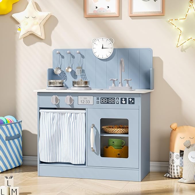 MAMIZO Kids Kitchen Playset with Ample Storage, Interactive Play Kitchen with Simulated Gas Cooker, Clicking Knobs, Sink, Faucet, 6 Pcs Cookware, Educational Clock for Toddlers (Blue)