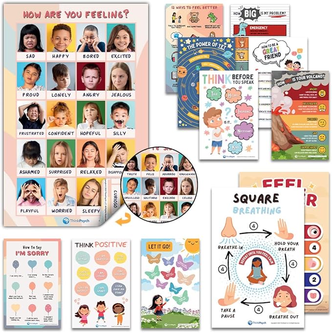 12 Laminated Feelings Posters for Kids - English & Spanish - Calm Down Corner Supplies - Therapy & School Counselor Supplies - Emotions Posters for Home and Calming Corner Classroom