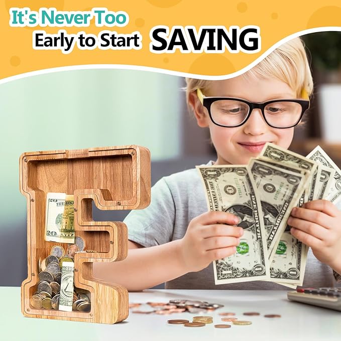 SummiDate Wooden Letter Piggy Bank| Piggy Bank for Boys Girls Toddler| Alphabet F Money Bank| Coin Bank Birthday Gift for Kids|Birthday Gift for Kids (F)