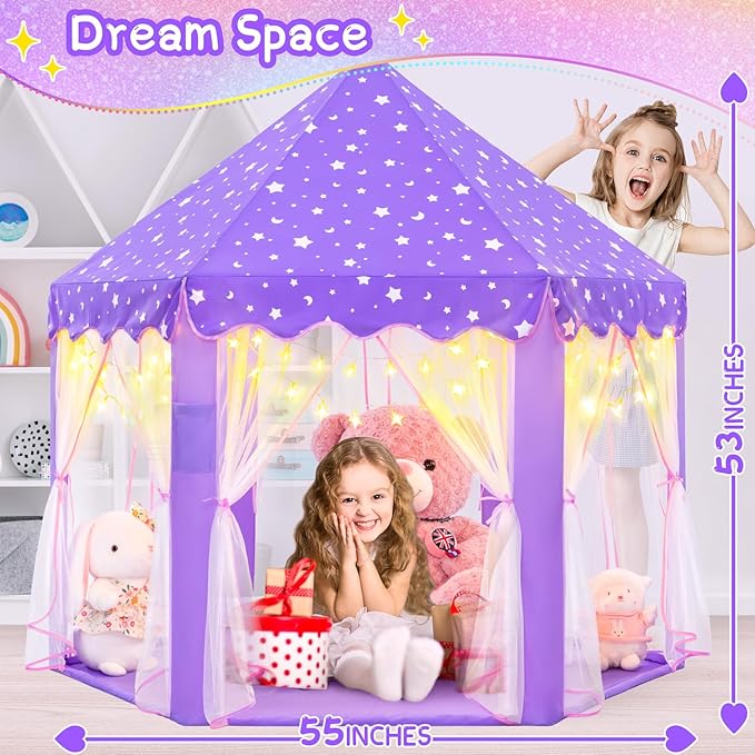 EVOIONOS Purple Tent for Girls, Kids Tent Indoor, Princess Tent with Star Lights, Girls Play Tent, Princess Castle Playhouse Tent, Little Girls Lavendar Tent, 55x53 Princess Tent for Girls