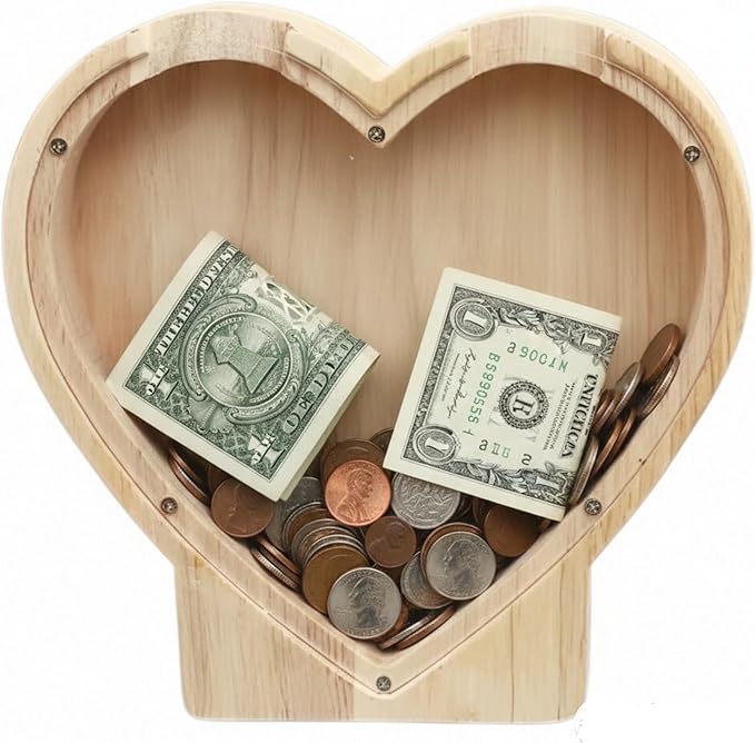 Wooden Heart Piggy Bank Transparent Acrylic Panel Coin Savings Box Personalized Money Bank for Kids Boys Girls Adults Couples, Birthday Christmas Wedding Gift Home Décor