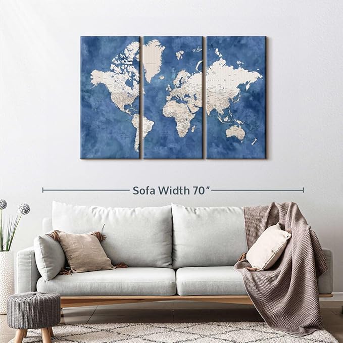 ElephantStock Detailed World Map With Cities I Wall Art - Horizontal Canvas - 3-Piece Living Room Decor - Watercolor Map Canvas Print - Beige and Blue Wall Decor by Blursbyai - 50" X 32"