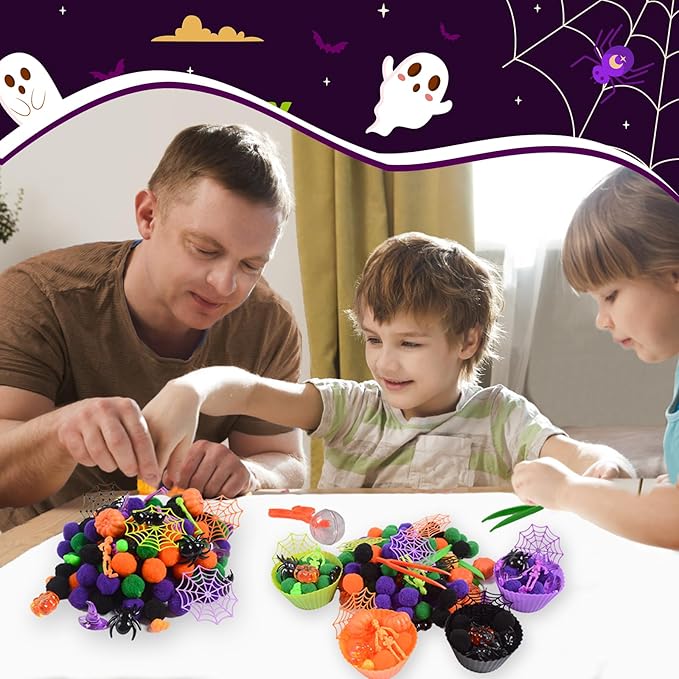 174Pcs Halloween Sensory Bin Filler Fine Motor Toys Horror Sensory Bin Items 100 Pompoms 8 Acrylic Pumkins 8 Witch Hats 8 Spiders 8 Bats 8 Skeleton Men 8 Skull 8 Spider Web 4 Foam Pumkins