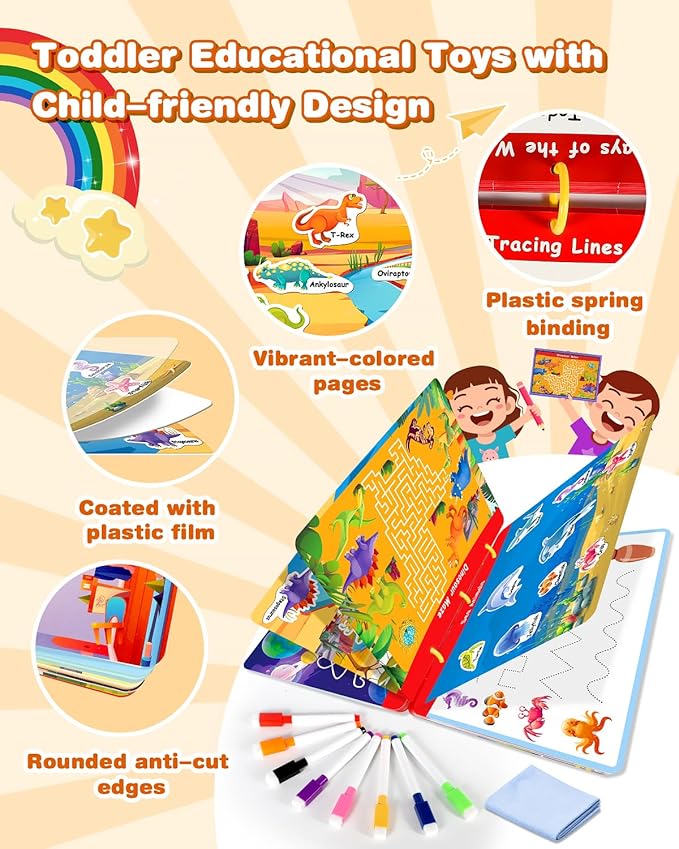 Montessori Busy Book & Tracing Activity Coloring Books & Jelly Stickers 3-in-1 for Toddlers 3-5, Preschool Learning Activities Book with 35 thems ,Autism Sensory Toys, Travel Christmas Birthday Gifts