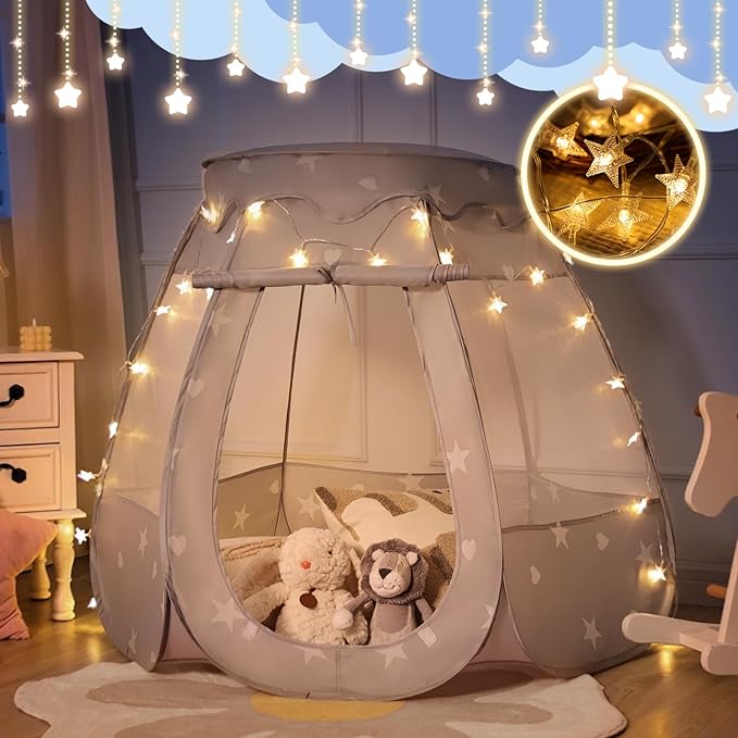 Pop Up Play Tent with Star Light：Neutral Toy for Boy Girl Birthday Gifts, Portable Ball Pit with Outdoor Carry Bag, Collapsible Kids Tent for Toddler Indoor Activity Playhouse, NO Balls(Grey)