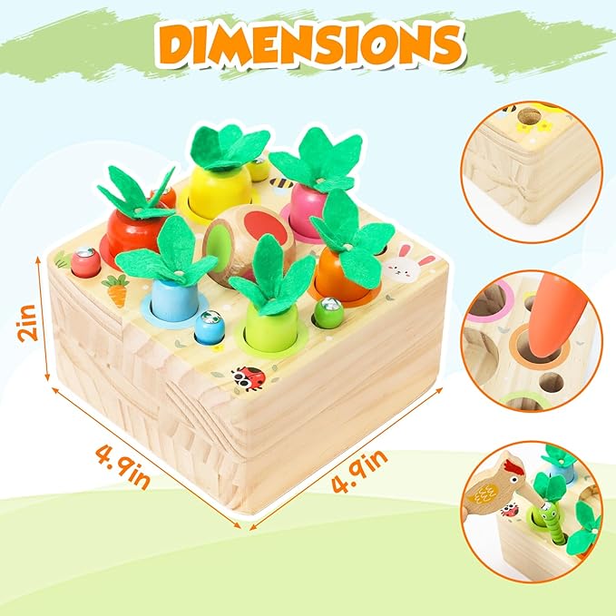 XPIY Montessori Toys for 1 Year Old, Carrots Harvest Wooden Baby Toys for 6-12 Months Educational Shape Sorting Matching Toys Fine Motor Skill, Gift for Kids Easter (Bug Catching Bouncing Carrot)