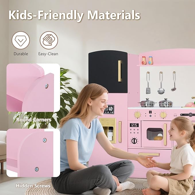 Kinder King Wooden Kids Play Kitchen, Toy Kitchen Playset for Toddler, Play Kitchen Set w/Blackboard, Transparent Coloring Board, Pretend Dishwasher, Oven, Ice Maker, Gift for Boys Girls Age 3+, Pink
