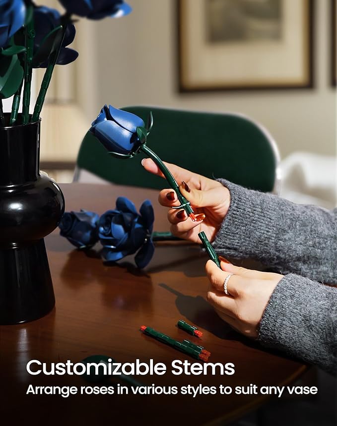 iATOM Blue Rose Bouquet Building Set, Artificial Flowers Botanical Collection for Adults - Gift for Halloween, Gothic Retro Home Office Table Centerpiece Decor - IA11007