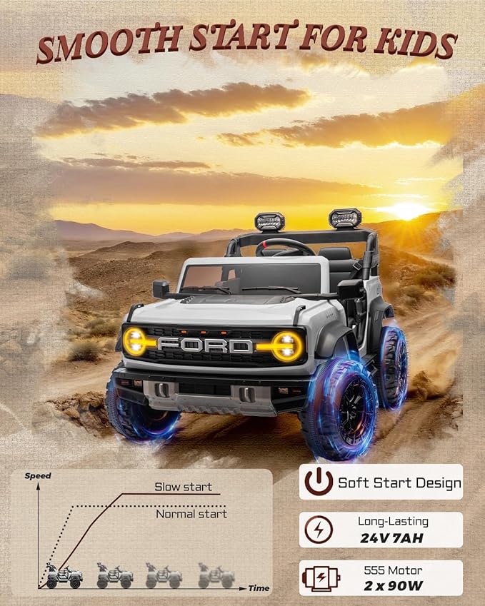 Licensed Ford Bronco Raptor 24V 2 Seater Kids Ride on Toys, Battery Powered Electric Ride on Car, Remote Control Electric Car w/Led Lights, Music, High Low Speed (24V, White)
