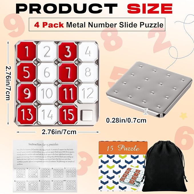 2 Pack Metal Number Slide 15 Puzzle Red and White Number Sliding Puzzle Educational Pocket Funny Christmas IQ Game Gift for Teens and Adults, Ideal for Learning Tool Party Favors