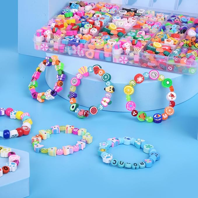 1000PCS Polymer Clay Beads Bracelet Making kit, 24 Style Cute Fun Sports Ball Beads Baseball Basketball Soccer Rugby Volleyball Football Charms, DIY Bracelet Making kit
