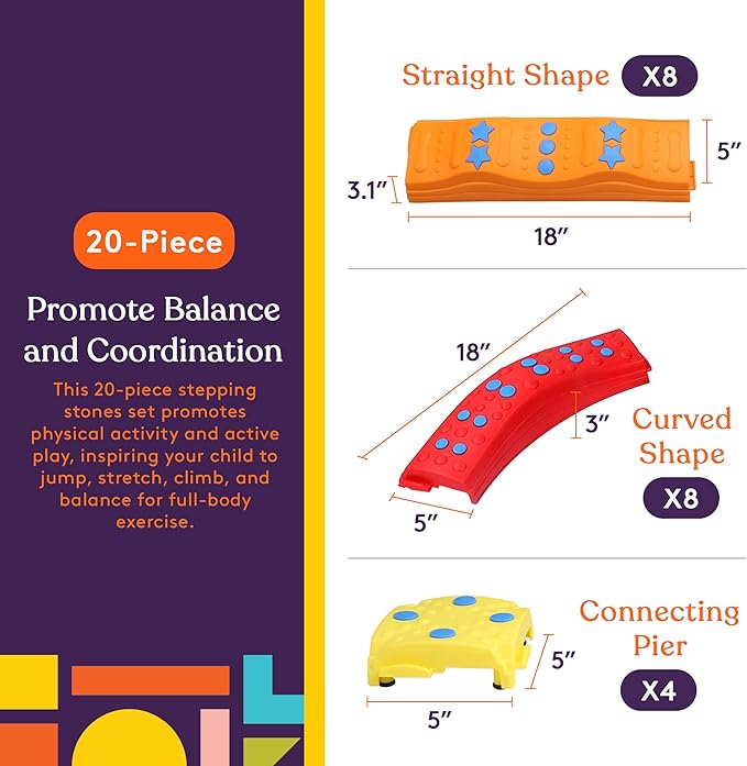 Special Supplies 20 Piece Stepping Stones for Kids, Indoor and Outdoor Balance Blocks Promote Coordination, Balance, Strength Child Safe Rubber Bottom