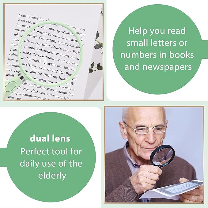 Feosky Handheld Reading Magnifier, 10X 30X Magnifier, 75mm Shatterproof Lens, Non-Slip Handle for Adults Close Work, Seniors Reading and Kids Nature Exploration, Hobby Observation (Green)