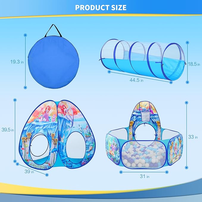 3 in 1 Mermaid Kids Play Tent with Play Tunnel, Ball Pit, Basketball Hoop for Boys & Girls, Toddler Pop Up Playhouse Toy for Baby Indoor/Outdoor, Gift for Year Old Child