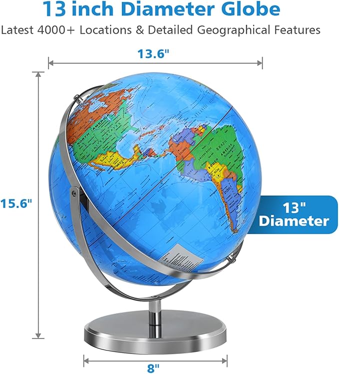 World Globe with Stainless Steel Stand 13 inch, 720 Rotating & HD Waterproof Material, Teaching/Geographic/Decorative Globes with Clear Text for Elementary, Classroom, Home, School, Office