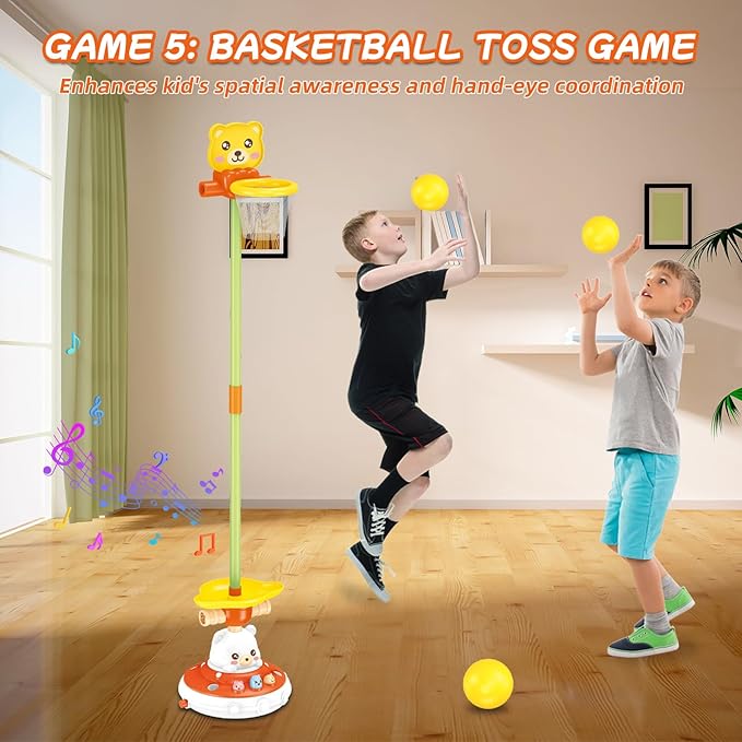 Sports Outdoors Play Set Toys - 5 in 1 Musical Jump Ring Toss Game Stomping Launch Rocket Launcher Basketball Throw for Kids - Indoor Outside Obstacle Avoidance Gifts for Toddlers Ages 4-8 8-13