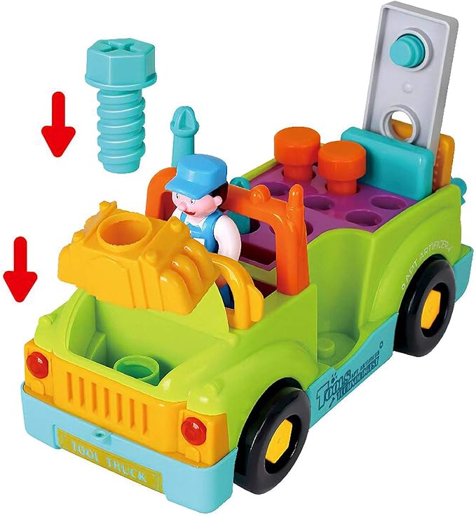 Toddler Tool Set Toy Trucks Kids Mechanic Workbench Take Apart Musical Toolbox with Electric Drill, Power Play Tools, Lights, Bump and Go Building Toy for 2 Year Old Boys