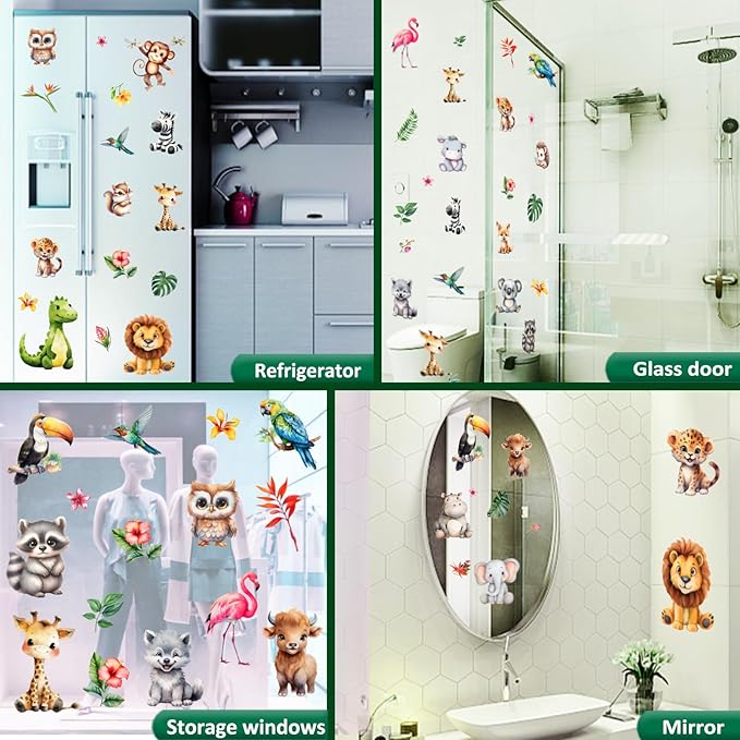 38 Animal Window Stickers, Cute Elephant, Monkey, Bird Window Stickers, Perfect for Parties, Decorating Rooms, Living Rooms, Kitchens, bathrooms, refrigerators, Tile Stickers